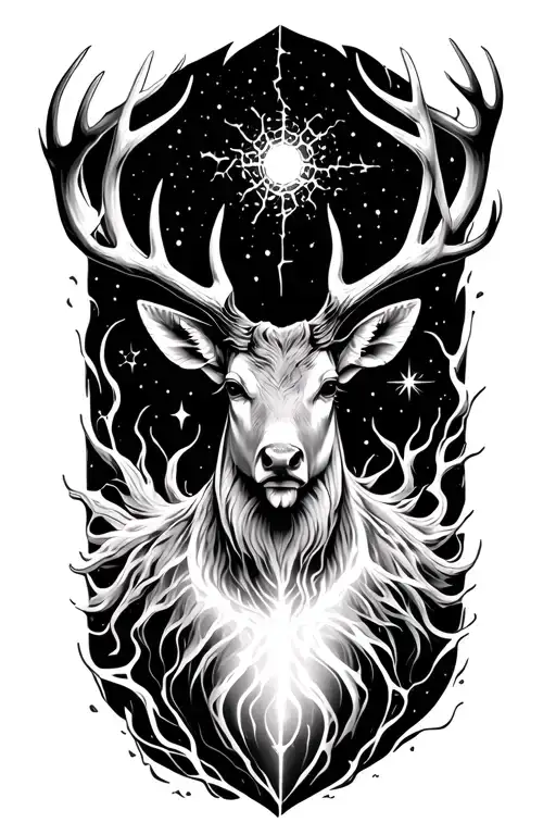 front-facing stag god , glowing chest crack, melancholy and hope, ocean and cosmos elements, fine line minimal tattoo tattoo design idea