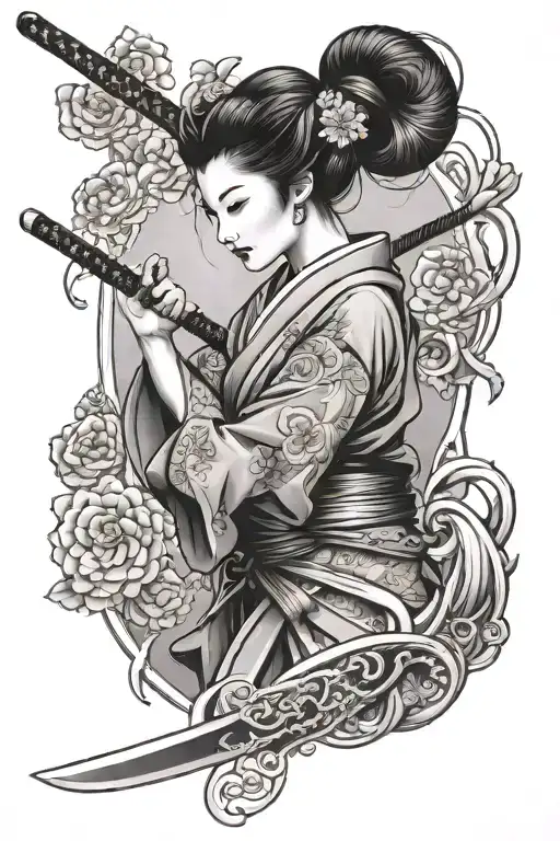 Geisha samurai holding sword tattoo design idea