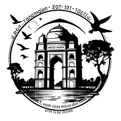 fine line stamp including sunrise at india gate with date stamp and birds tattoo design idea