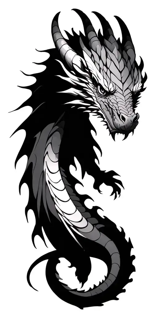 Eastern Dragon Semi -realistic style, with fluid and elegant lines, curved horns and imposing expression tattoo design idea