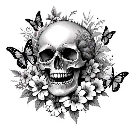 around the knee skulls butterflies and flowers tattoo design idea