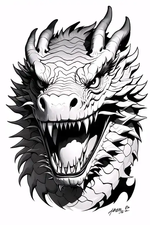 I want you to draw me a Japanese 3 fingers dragon head that is about to eat an open mouth and which tattoo design idea
