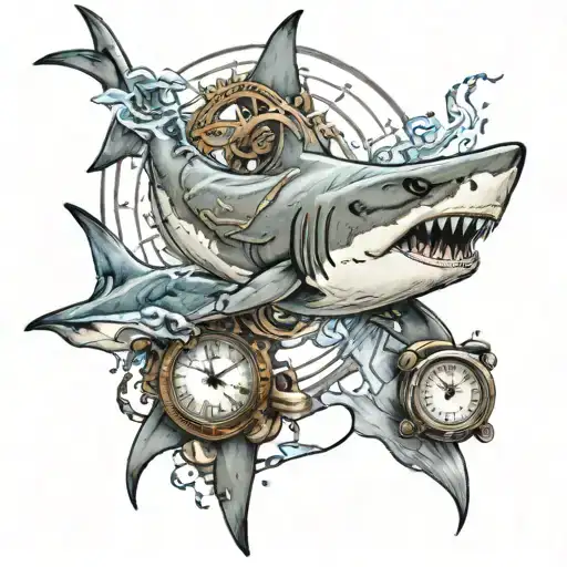 hammer head shark and great white around clock surrounded tattoo design idea