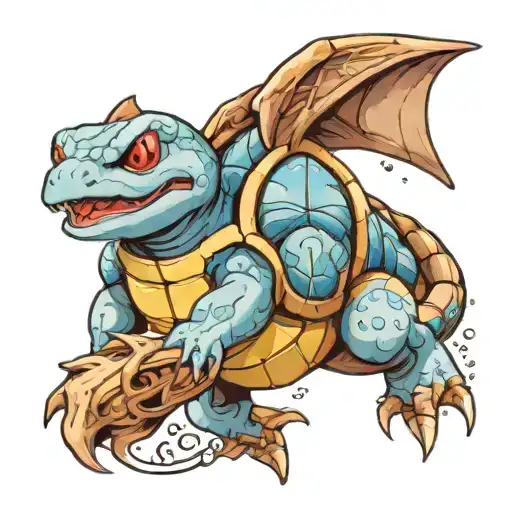 squirtle from Pokémon riding gyarados from Pokémon through a wave tattoo design idea