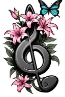 trouble clef with pink lilys growing out and two butterfly's  tattoo design idea