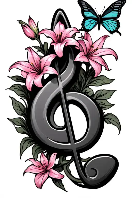 trouble clef with pink lilys growing out and two butterfly's  tattoo design idea