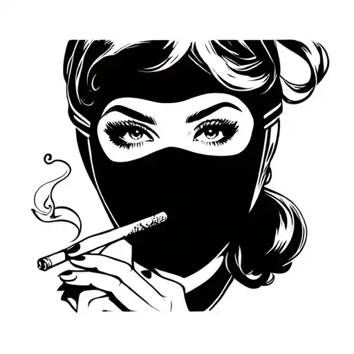 a gangster woman with pretty eyes and Lucious lips wearing a ski mask while smoking a cigarette  tattoo design idea
