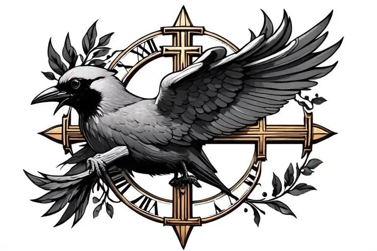 pheniox bird Roman catholic cross roman numerals tattoo design idea