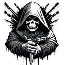 Grim Reaper Silhouette – A hooded figure holding a silenced pistol or combat knife, with "ODS" in a rough military stenc tattoo design idea