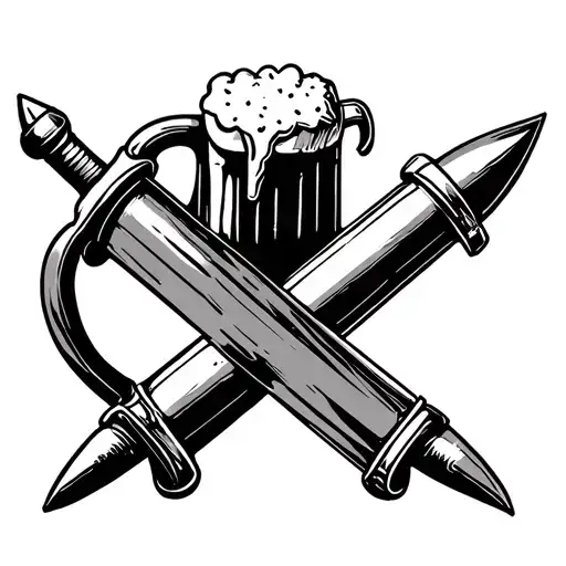 black-and-white line drawing of a beer mug and a bullet crossing each other like pirate swords,  tattoo design idea