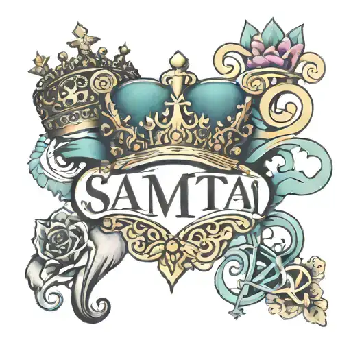 the word Samantha, crown, dollar signs, hearts tattoo design idea