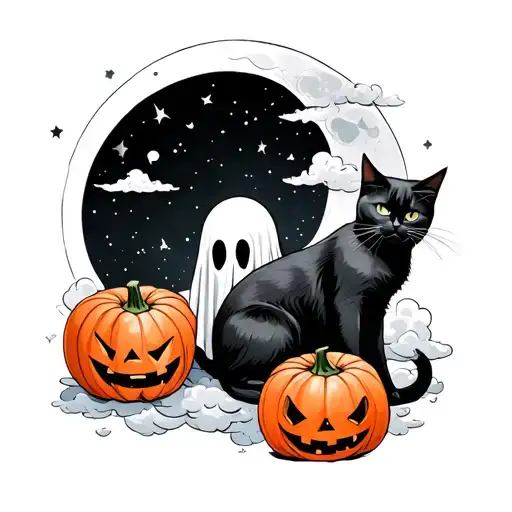 Ghost, moon, clouds, 2 pumpkins, black cat tattoo design idea