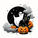 Ghost, moon, clouds, 2 pumpkins, black cat tattoo design idea