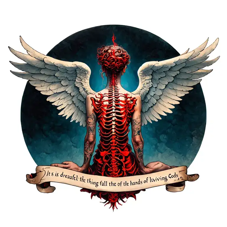 spine tattoo that says "it is a dreadful thing to fall into the hands of the living Gods" with a red angel in back tattoo design idea