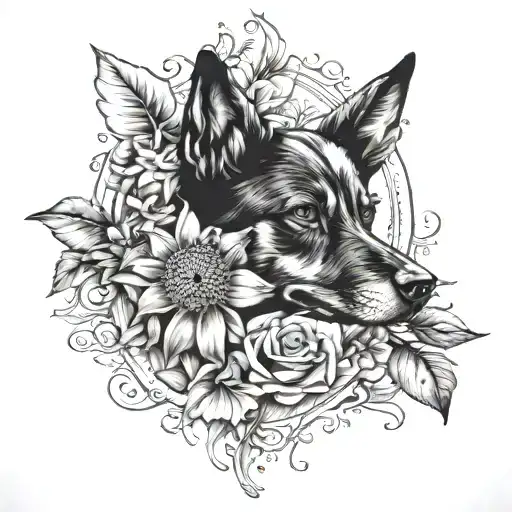 half dog face and half december birthflower tattoo design idea