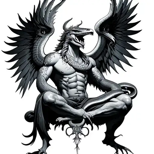 SEATED GARUDA WITH SNAKE IN HAND tattoo design idea