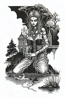 Voodoo priestess surrounded by trees and swamp water with a voodoo church in the background and shadows of a cult ritual tattoo design idea