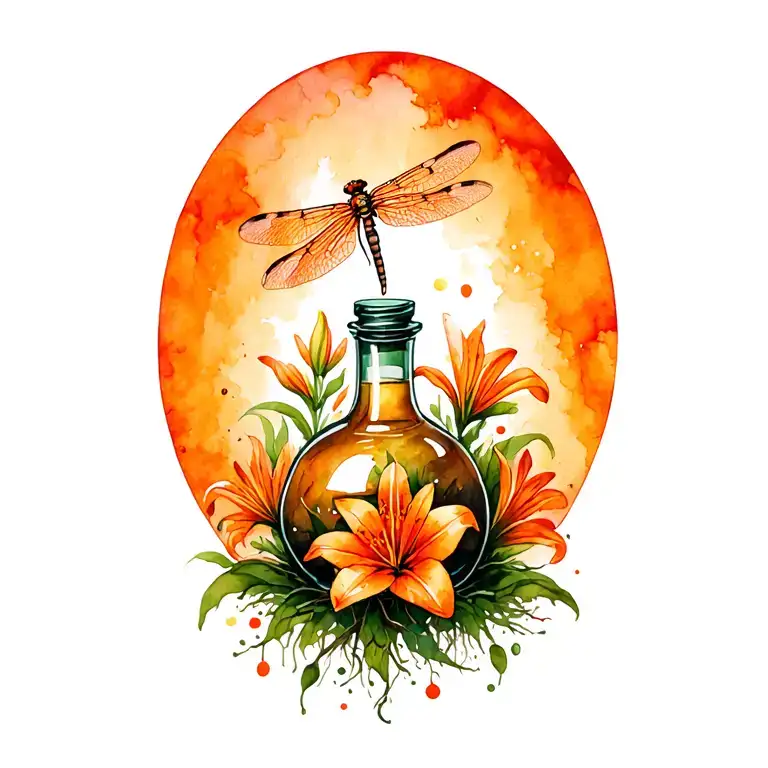 orange tiger lillies, dragon fly, potion bottle, roots, trees, tattoo design idea