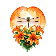 orange tiger lillies, dragon fly, potion bottle, roots, trees, tattoo design idea