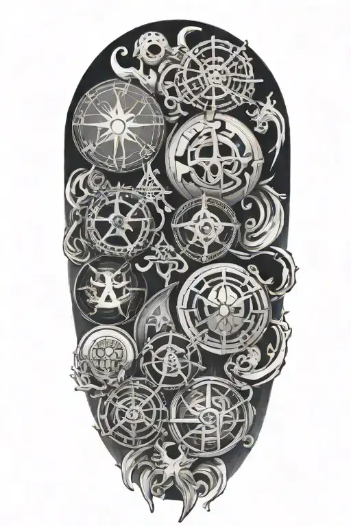 horror half upper arm sleeve tattoo featuring iconic symbols tattoo design idea