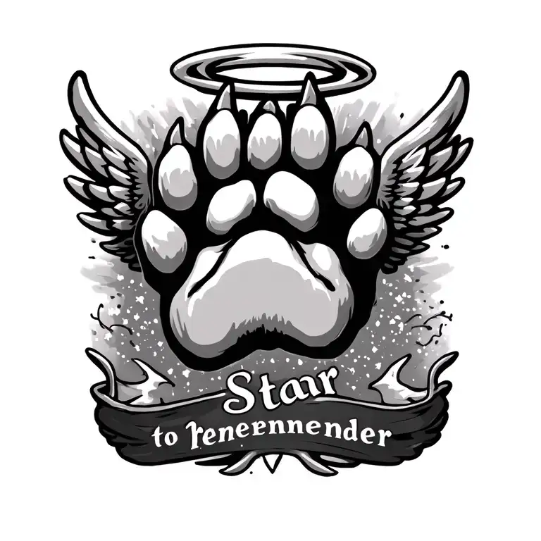 A dogs paw print with small wings beside it and a halo above with some extra detail and the name Star below to remember  tattoo design idea