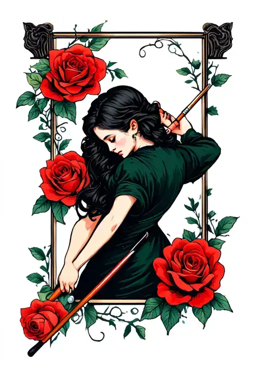 Virgo Woman shooting pool cue with roses and vines tattoo design idea