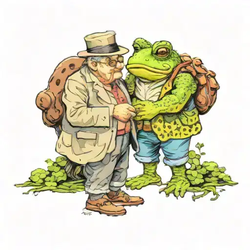 grandfather and grandson holding hands as toads in a candy store tattoo design idea