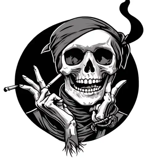 half of skeleton smoking a joint wearing bandana around neck with both middle fingers up tattoo design idea