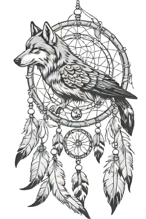 Native Dream Catcher with Feathers, with a wolf, crow and orca in between the feathers tattoo design idea