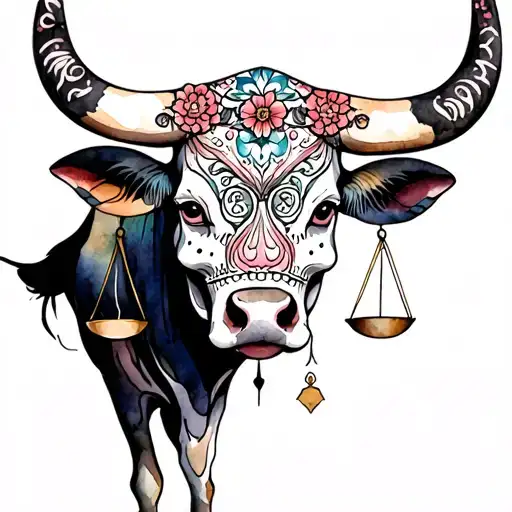 feminine bull with sugar skull markings and 2 Libra scales and dark shaded background tattoo design idea