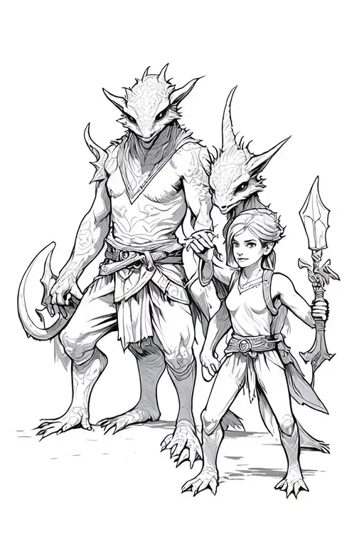 Kobold adult man with teenage boy kobolds and a young female kobold playing Dungeons and Dragons tattoo design idea