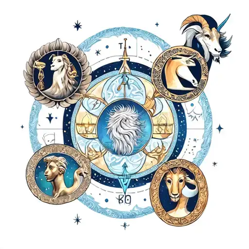 A tattoo design featuring the zodiac signs of Libra, Leo, Gemini, and Capricorn intertwined in a celestial pattern tattoo design idea