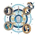 A tattoo design featuring the zodiac signs of Libra, Leo, Gemini, and Capricorn intertwined in a celestial pattern tattoo design idea