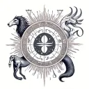 A tattoo design featuring the zodiac signs of Libra, Leo, Gemini, and Capricorn intertwined in a celestial pattern tattoo design idea