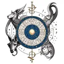 A tattoo design featuring the zodiac signs of Libra, Leo, Gemini, and Capricorn intertwined in a celestial pattern tattoo design idea