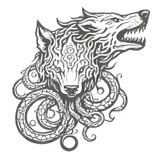 wolf's head and octopus tentacles, wrapping dynamically around the wolf, creating a sense of entanglement and movement tattoo design idea