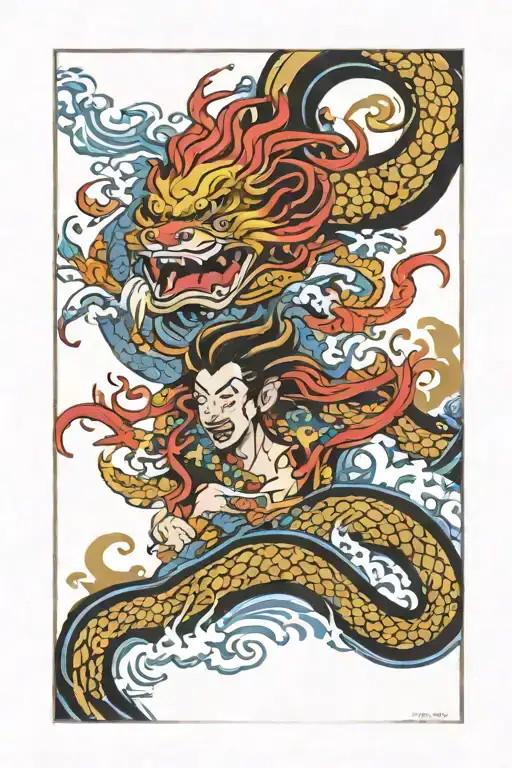 Kairi Jinshan Makkai with ocean village, golden mountains and fire tattoo design idea