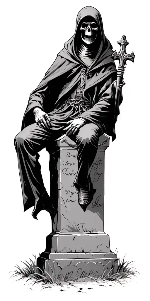 grim reaper sitting on a tombstone in a graveyard  tattoo design idea