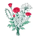 bouqet with only 2 carnations, 2 lily of the valley, 1 rose, 2 larkspur, 1 poppy, 1 marigold, 2 holly, 2 violet, 1 aster tattoo design idea