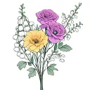 bouqet with only 2 carnations, 2 lily of the valley, 1 rose, 2 larkspur, 1 poppy, 1 marigold, 2 holly, 2 violet, 1 aster tattoo design idea