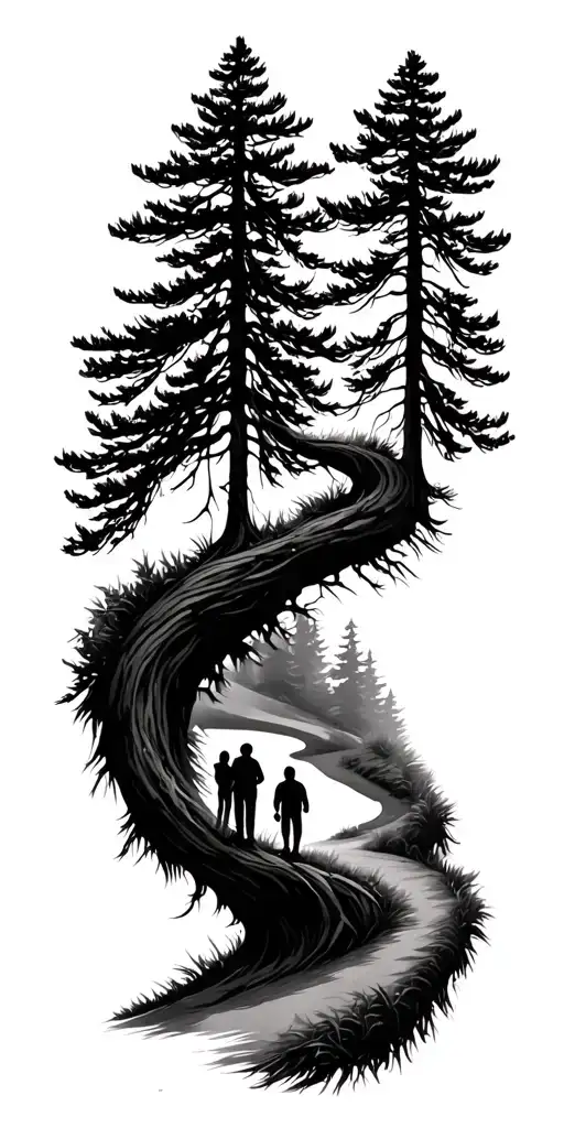 pine forest wrap around tree golf course family shadow figures tattoo design idea