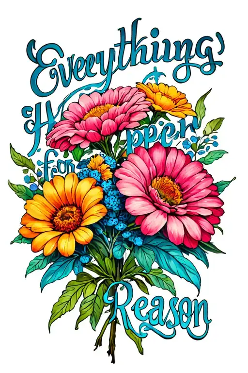 Flower bouquet with a stem where it is written "Everything Happen for a Reason" tattoo design idea