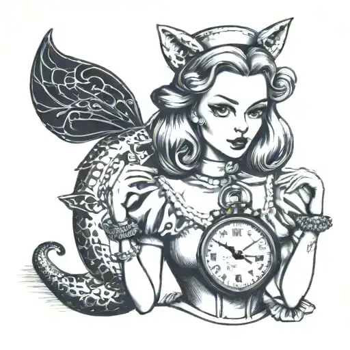 sexy Alice in wonderland with collar and leash with locket on  tattoo design idea
