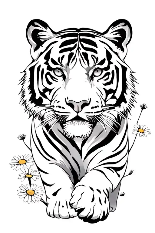 tiger walking in daisies tattoo design idea