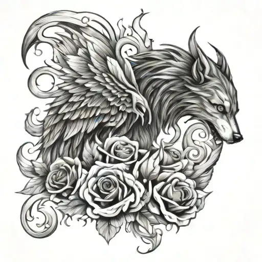 flaming wolf with phoenix wings roses intertwined tattoo design idea