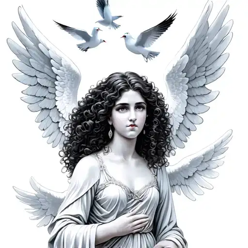 curly hair Latina guardian angel surrounded by dove birds slightly zoomed out tattoo design idea