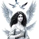 curly hair Latina guardian angel surrounded by dove birds slightly zoomed out tattoo design idea