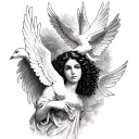 curly hair Latina guardian angel surrounded by dove birds slightly zoomed out tattoo design idea