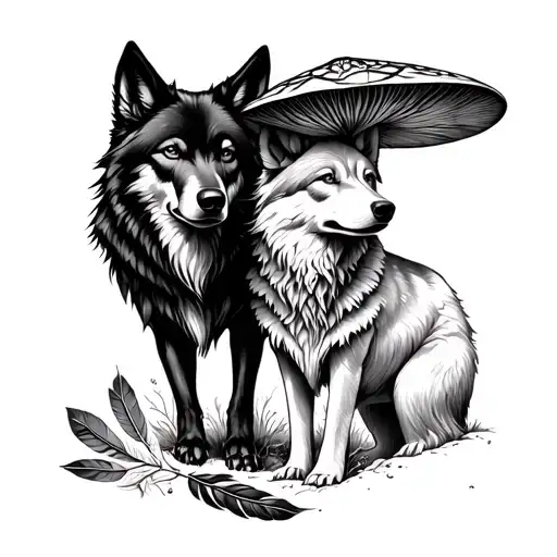 mushrooms, black wolf, white wolf couple, medicine wheel, feathers  tattoo design idea