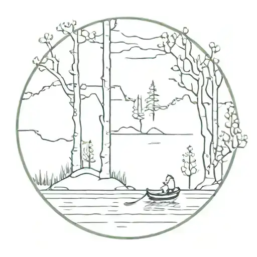 birch trees around a lake with moomin troll on a boat tattoo design idea